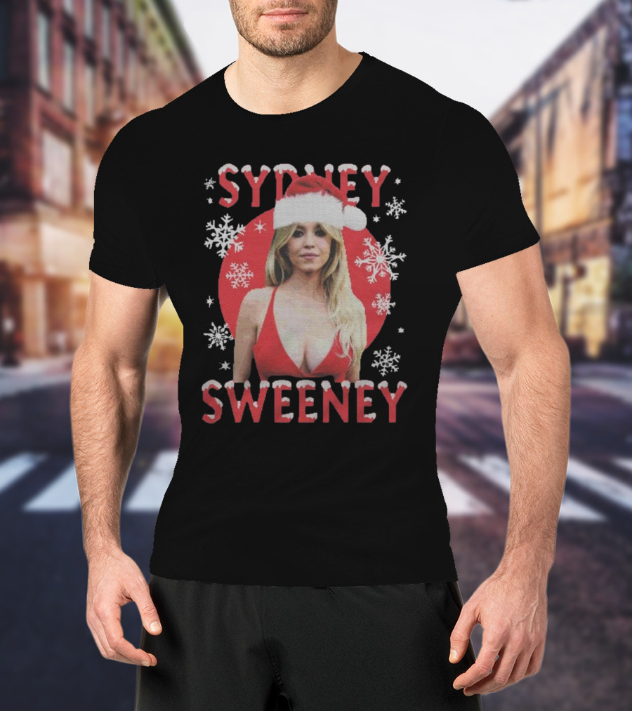 Sydney Sweeney Santa Hat Christmas Snowflakes Red Circle T-Shirt