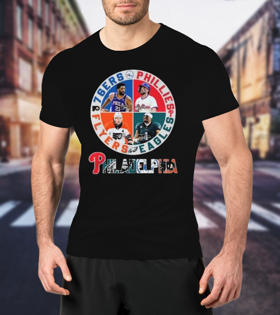 76ers Phillies Flyers Eagles Philadelphia Team Signatures T-Shirt
