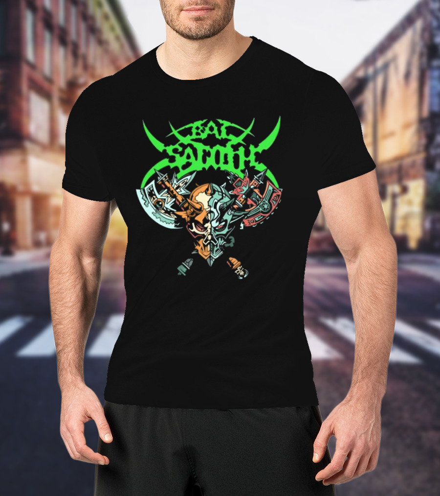 Bal-Sagoth Sigil Dual Skull With Swords And Axes Green And Red T-Shirt