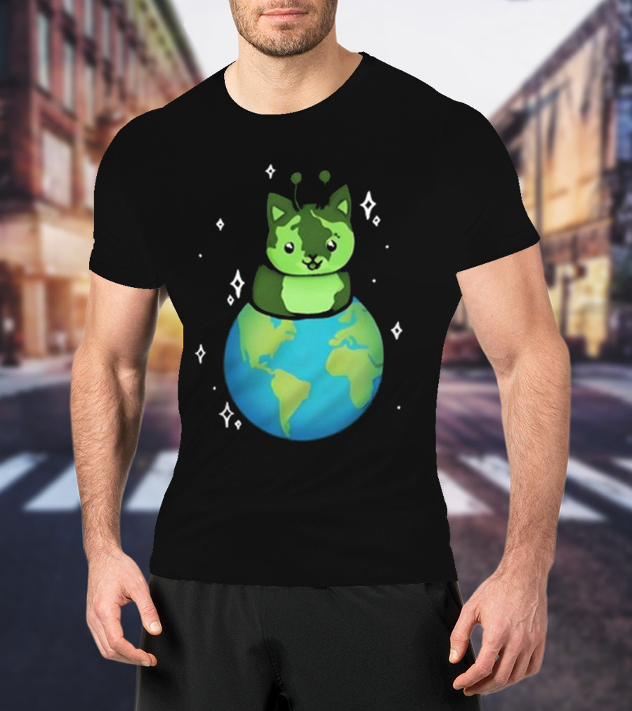 Cult Of Biscuit Alien Biscuit Cat Globe Stars T-Shirt