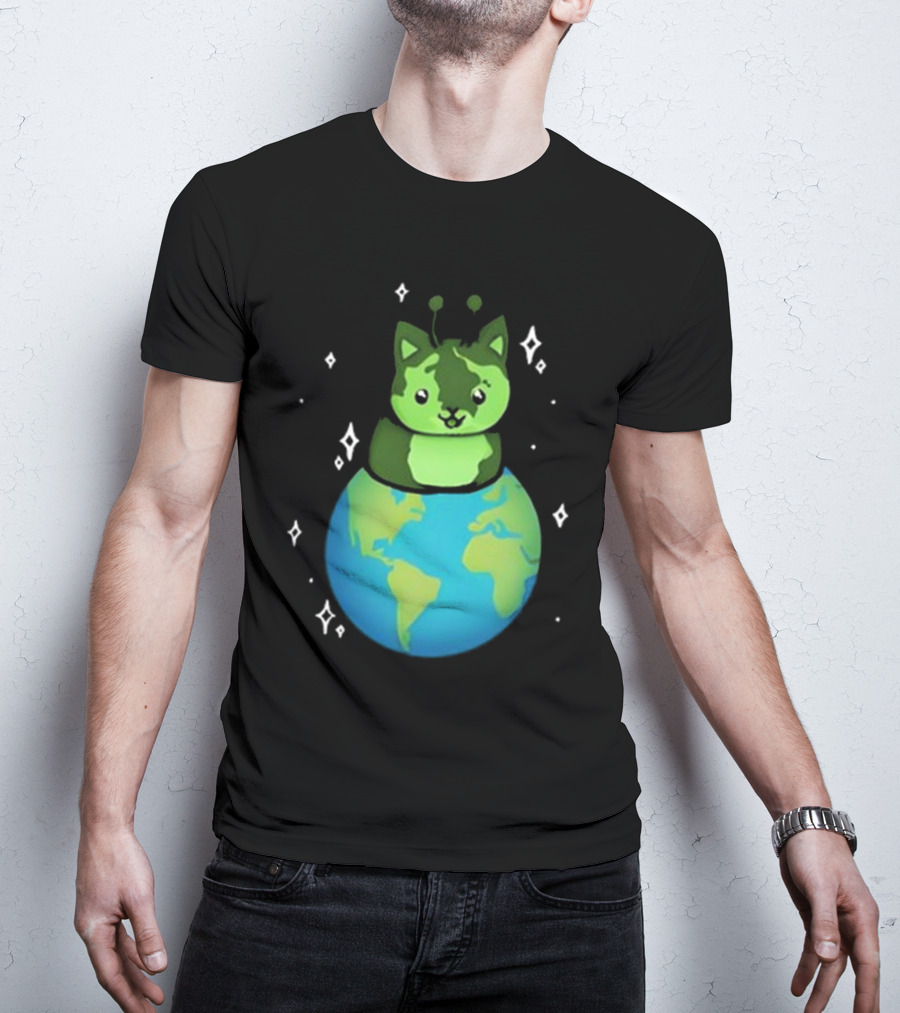 Cult Of Biscuit Alien Biscuit Cat Globe Stars T-Shirt
