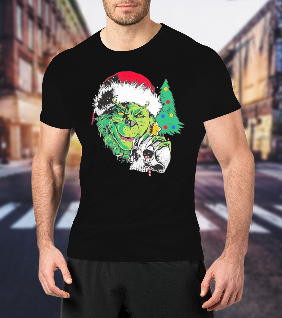 Grinch Santa Hat Skull Christmas Tree Scene T-Shirt