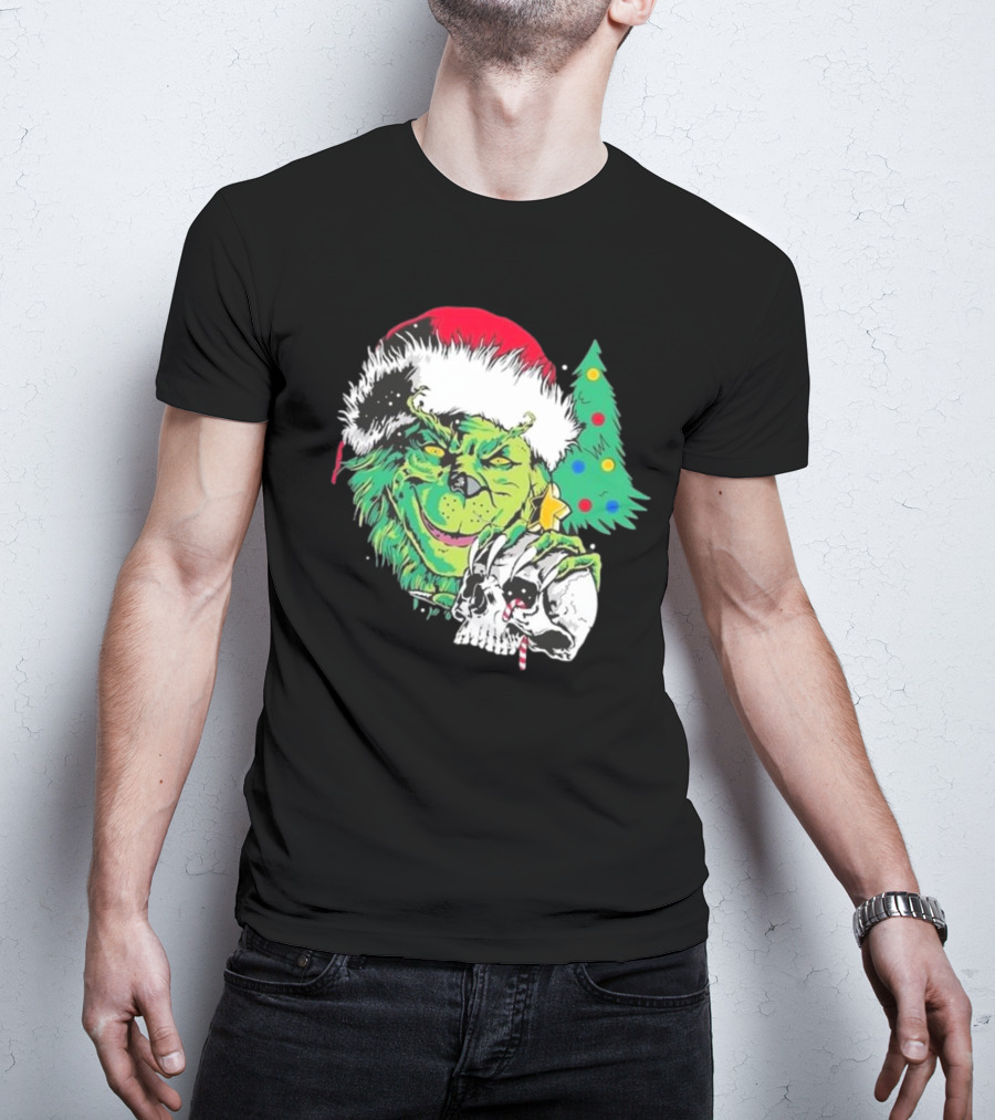 Grinch Santa Hat Skull Christmas Tree Scene T-Shirt