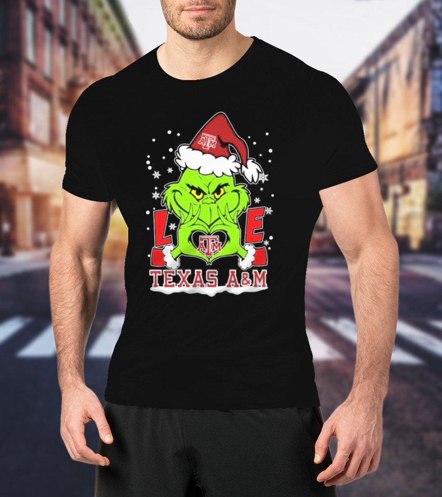 Grinch Heart Hands Love Texas A&M Aggies Christmas Santa Hat T-Shirt