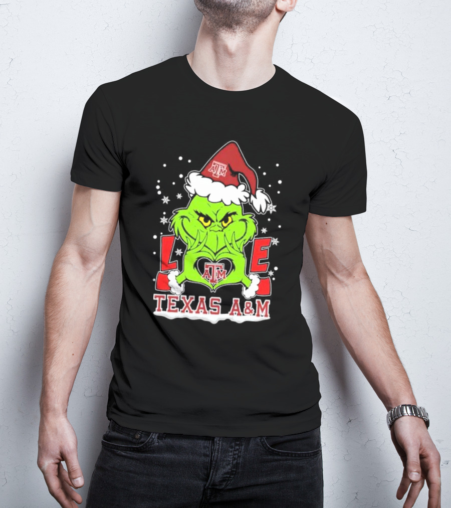 Grinch Heart Hands Love Texas A&M Aggies Christmas Santa Hat T-Shirt