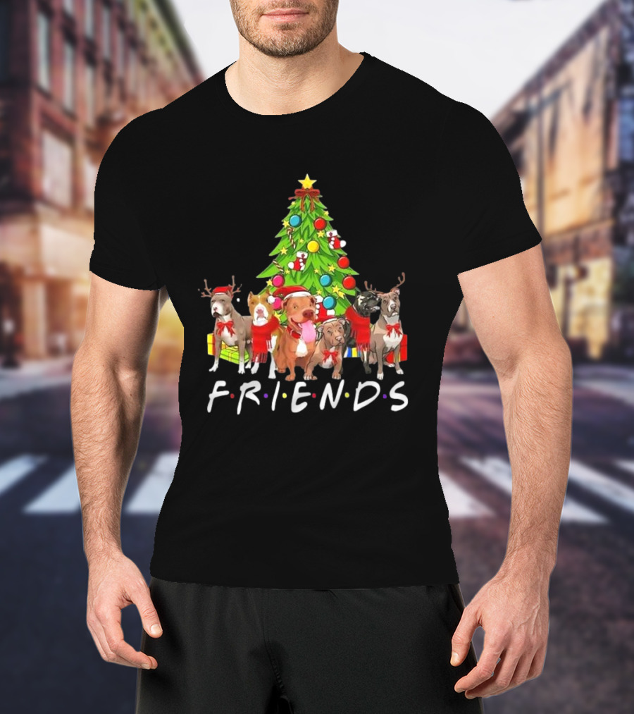 FRIENDS Christmas Tree With Pitbulls In Festive Scarf And Antlers T-Shirt