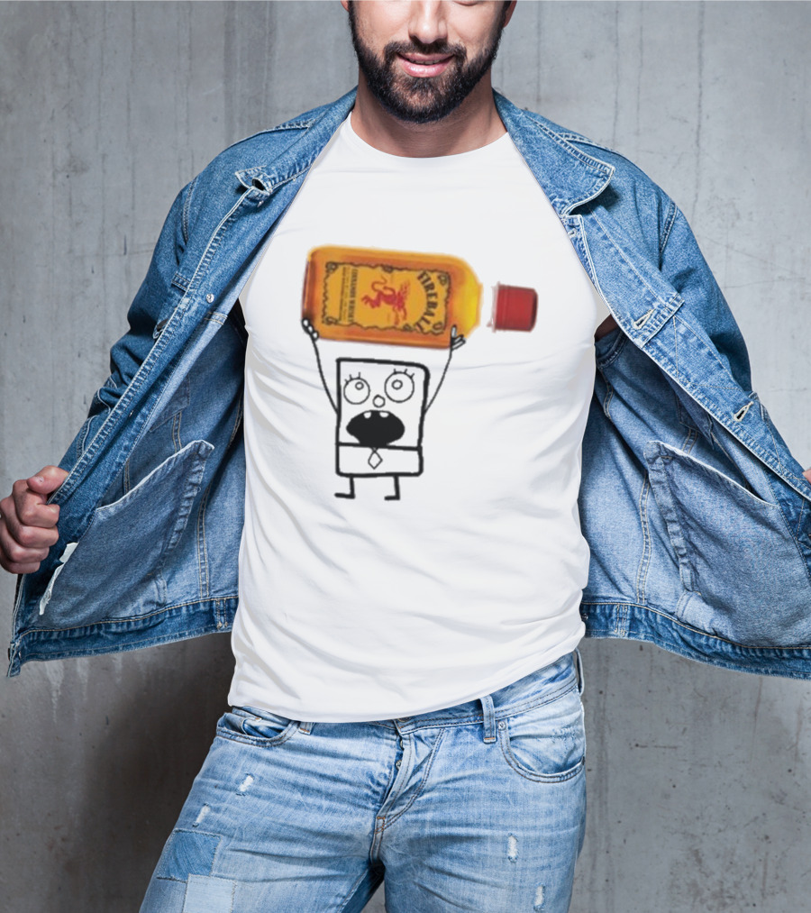 Doodlebob Fireball Whiskey Character Holding Iconic Liquor Bottle T-Shirt