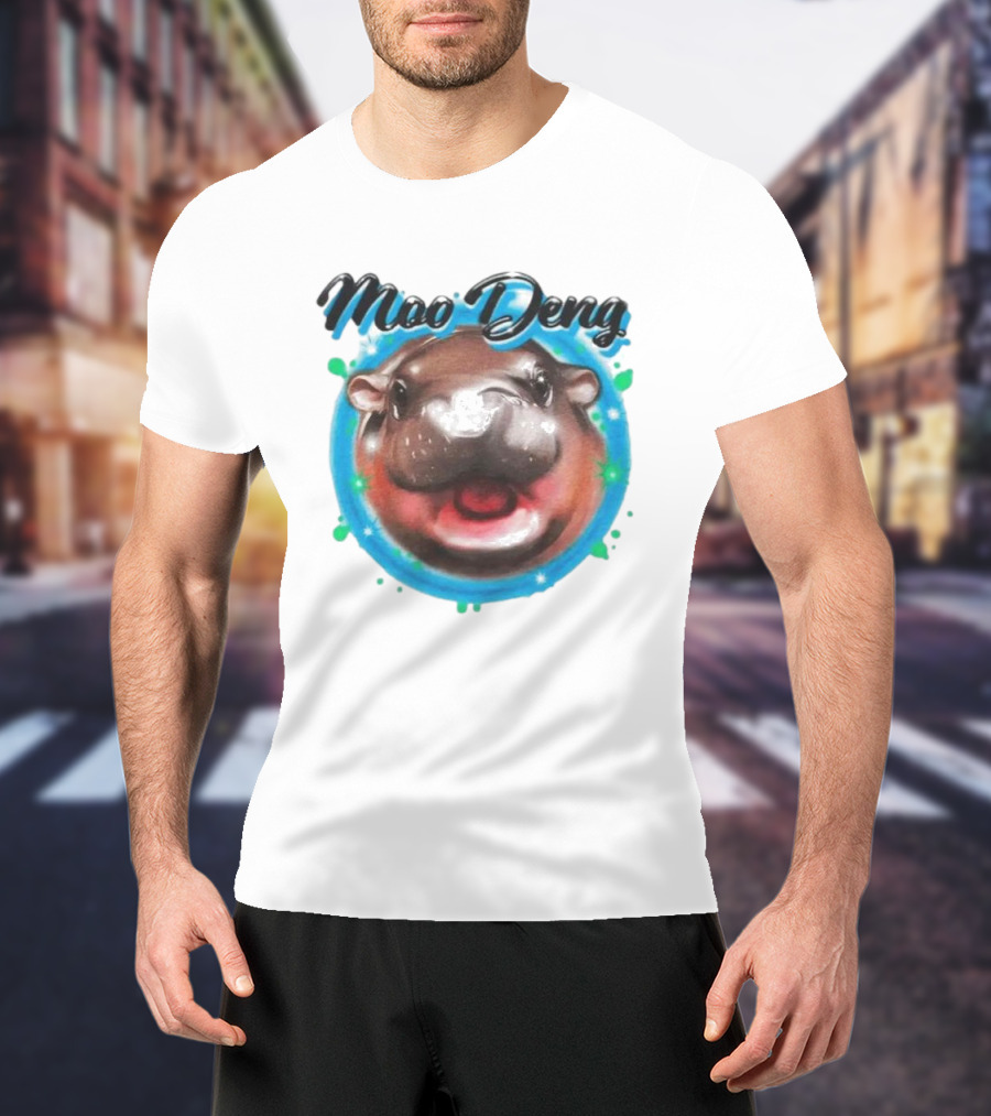 Moo Deng Cute Hippo Face With Blue Background T-Shirt