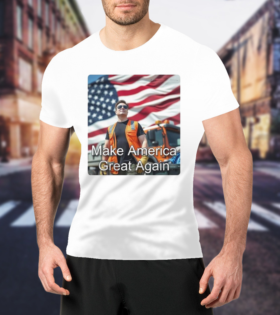 Make America Great Again Elon Musk In Orange Vest With American Flag Background T-Shirt