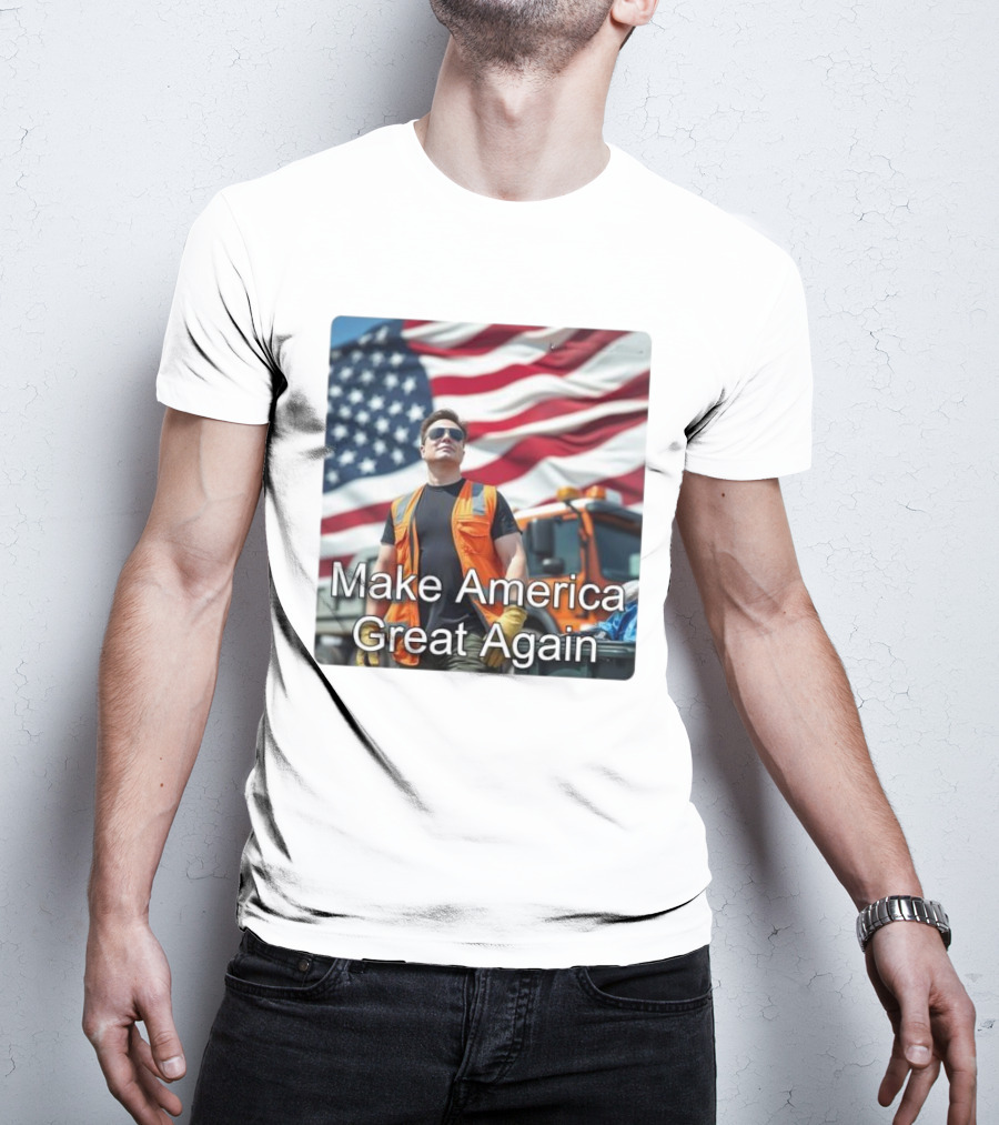 Make America Great Again Elon Musk In Orange Vest With American Flag Background T-Shirt