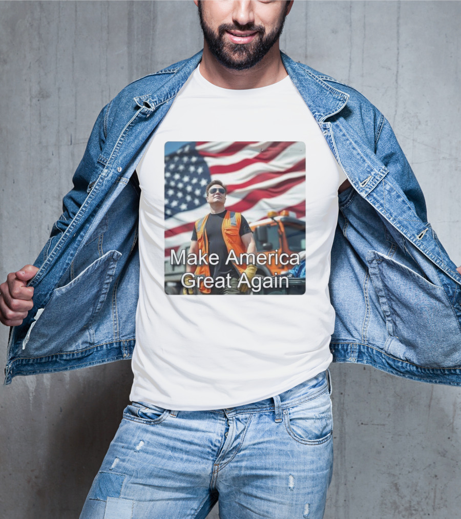 Make America Great Again Elon Musk In Orange Vest With American Flag Background T-Shirt