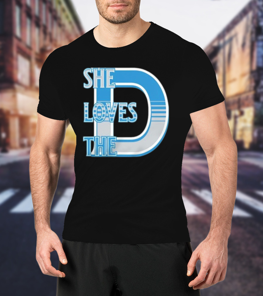 She Loves The D Detroit Blue Striped Lettering T-Shirt