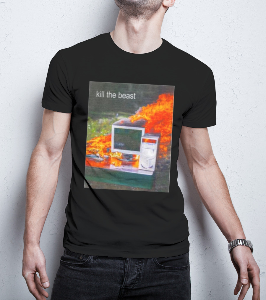 Kill The Beast Flaming Computer Dogecore Duel Monitors T-Shirt