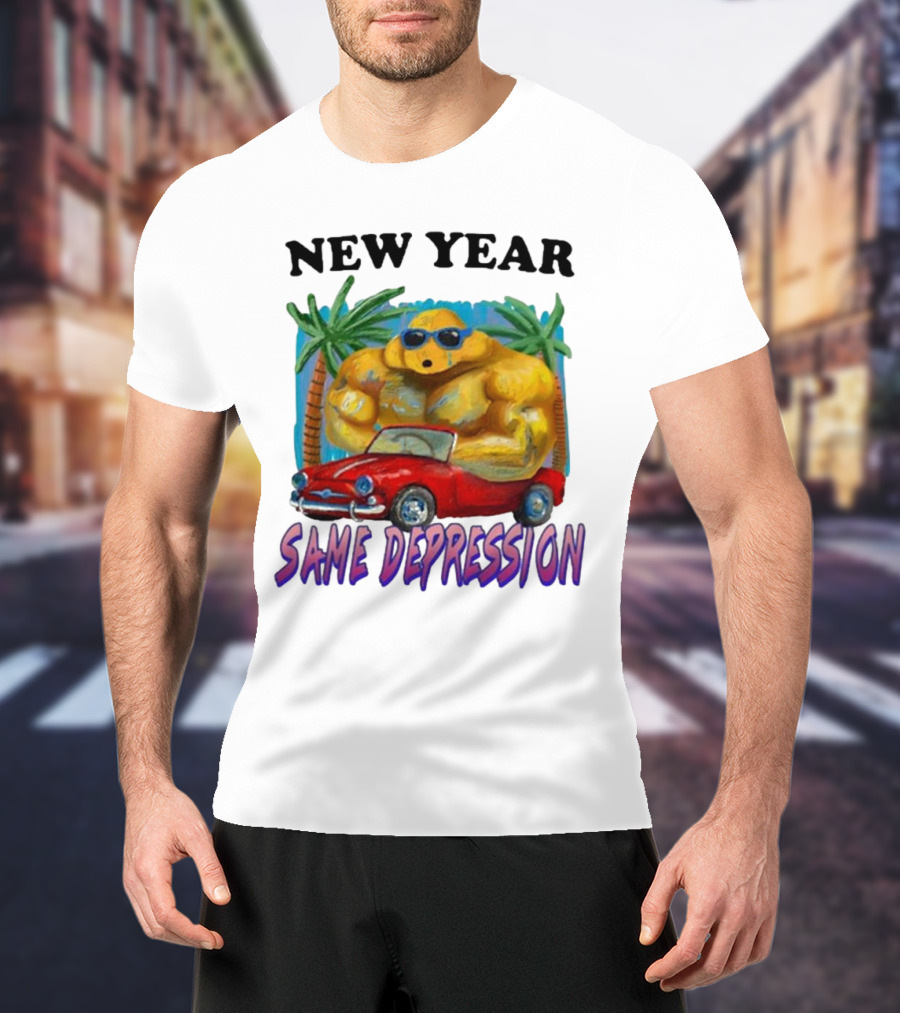 New Year Same Depression Buff Duck Red Convertible Palm Trees T-Shirt