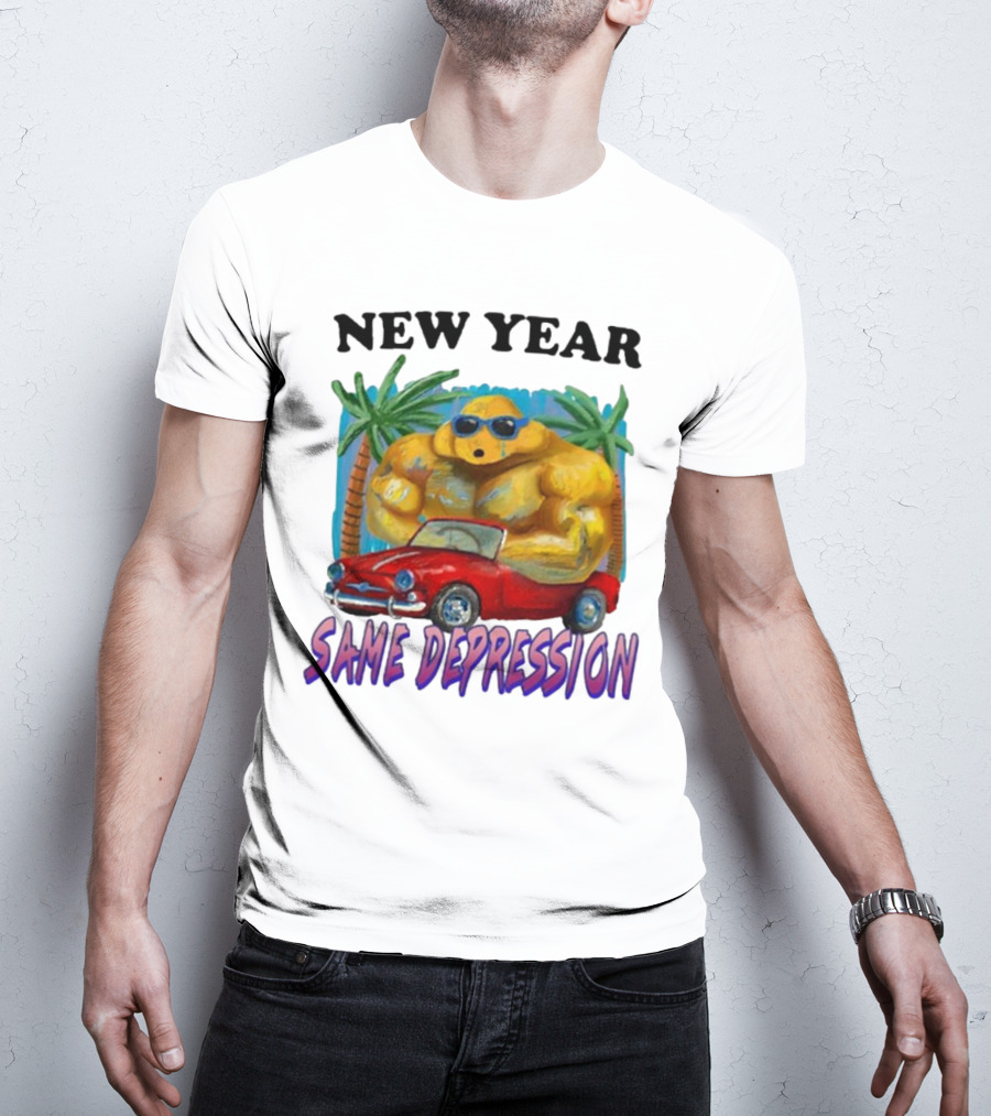 New Year Same Depression Buff Duck Red Convertible Palm Trees T-Shirt