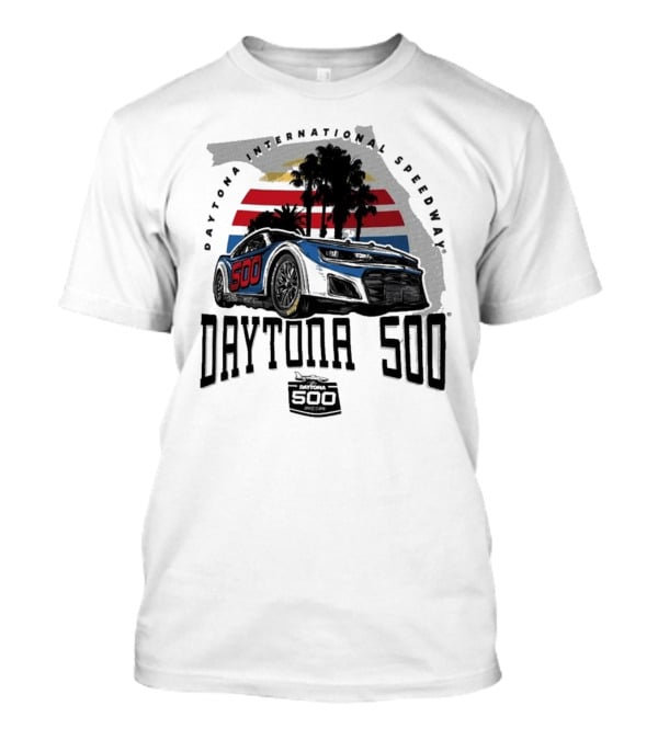 Daytona 500 Daytona International Speedway 2025 Racing Car Graphic With Palm Trees And Stripes T-Shirt