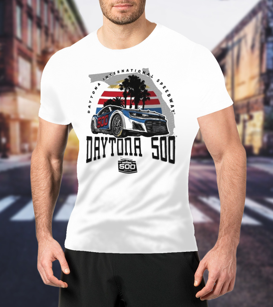Daytona 500 Daytona International Speedway 2025 Racing Car Graphic With Palm Trees And Stripes T-Shirt