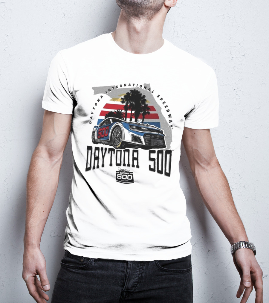 Daytona 500 Daytona International Speedway 2025 Racing Car Graphic With Palm Trees And Stripes T-Shirt
