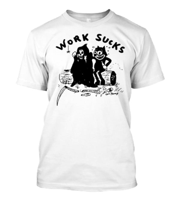 Heavyslime Work Sucks Grim Reaper And Cat Cartoon Comic Art By Eric Kenney T-Shirt
