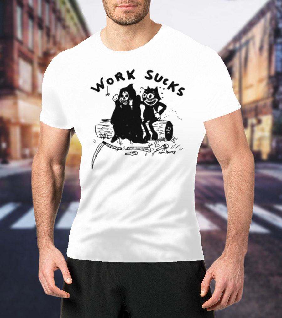 Heavyslime Work Sucks Grim Reaper And Cat Cartoon Comic Art By Eric Kenney T-Shirt