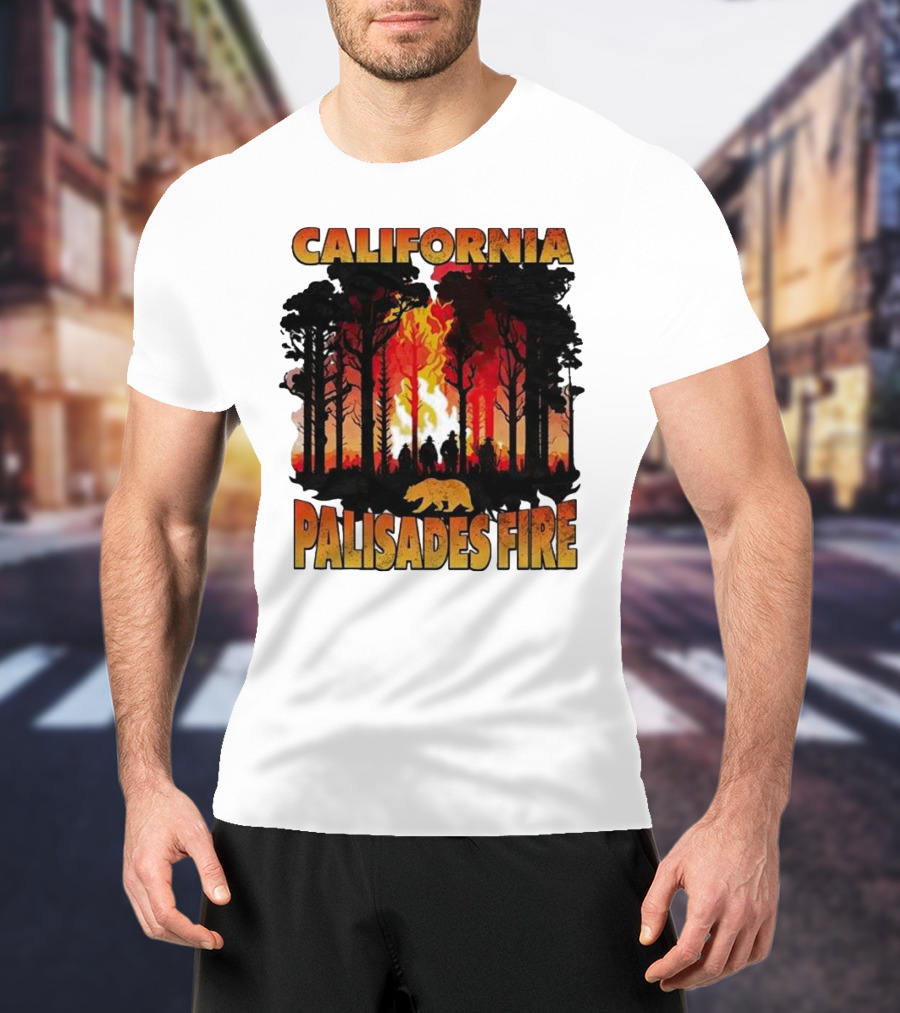 California Palisades Fire 2025 Forest Silhouette And Flames With Bear T-Shirt