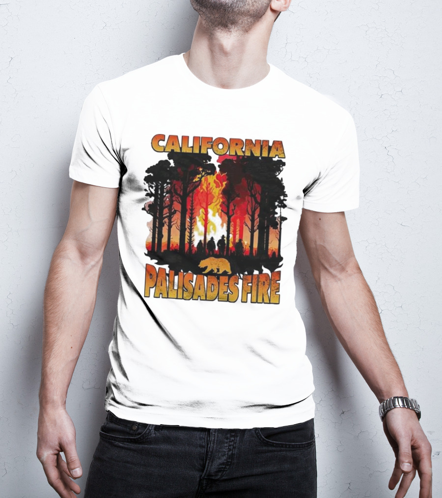 California Palisades Fire 2025 Forest Silhouette And Flames With Bear T-Shirt