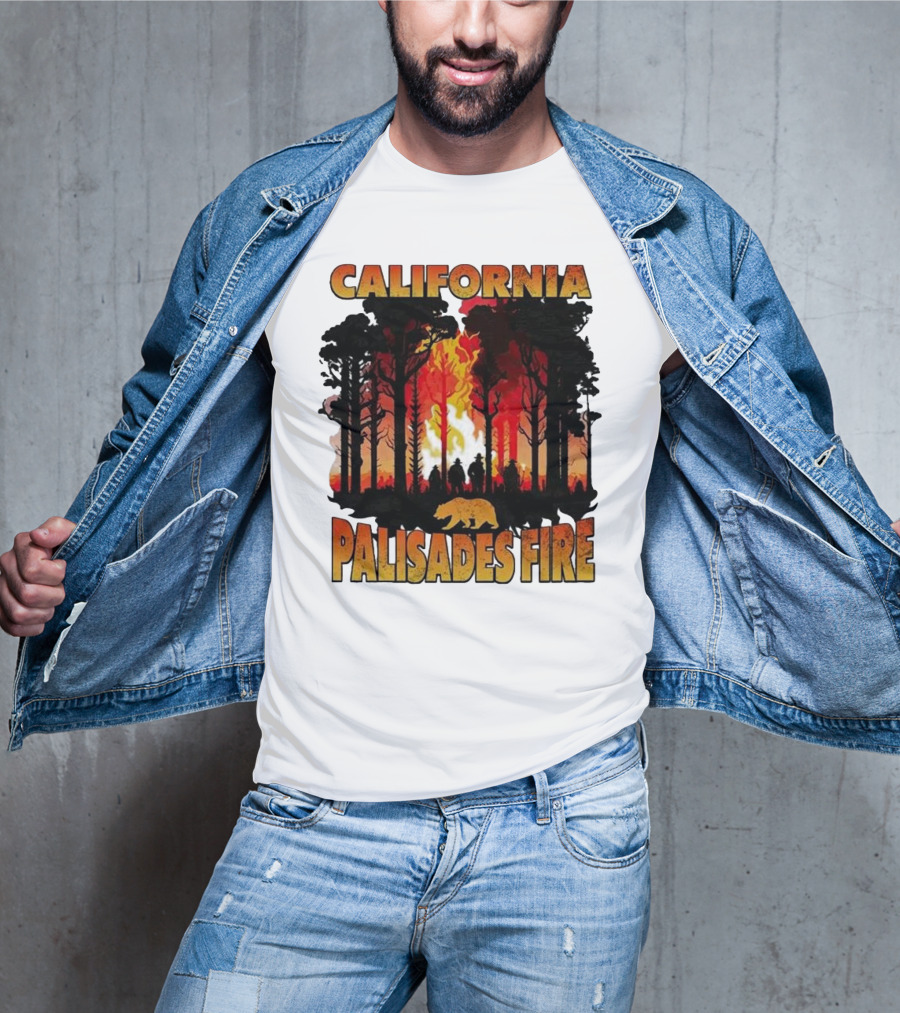 California Palisades Fire 2025 Forest Silhouette And Flames With Bear T-Shirt