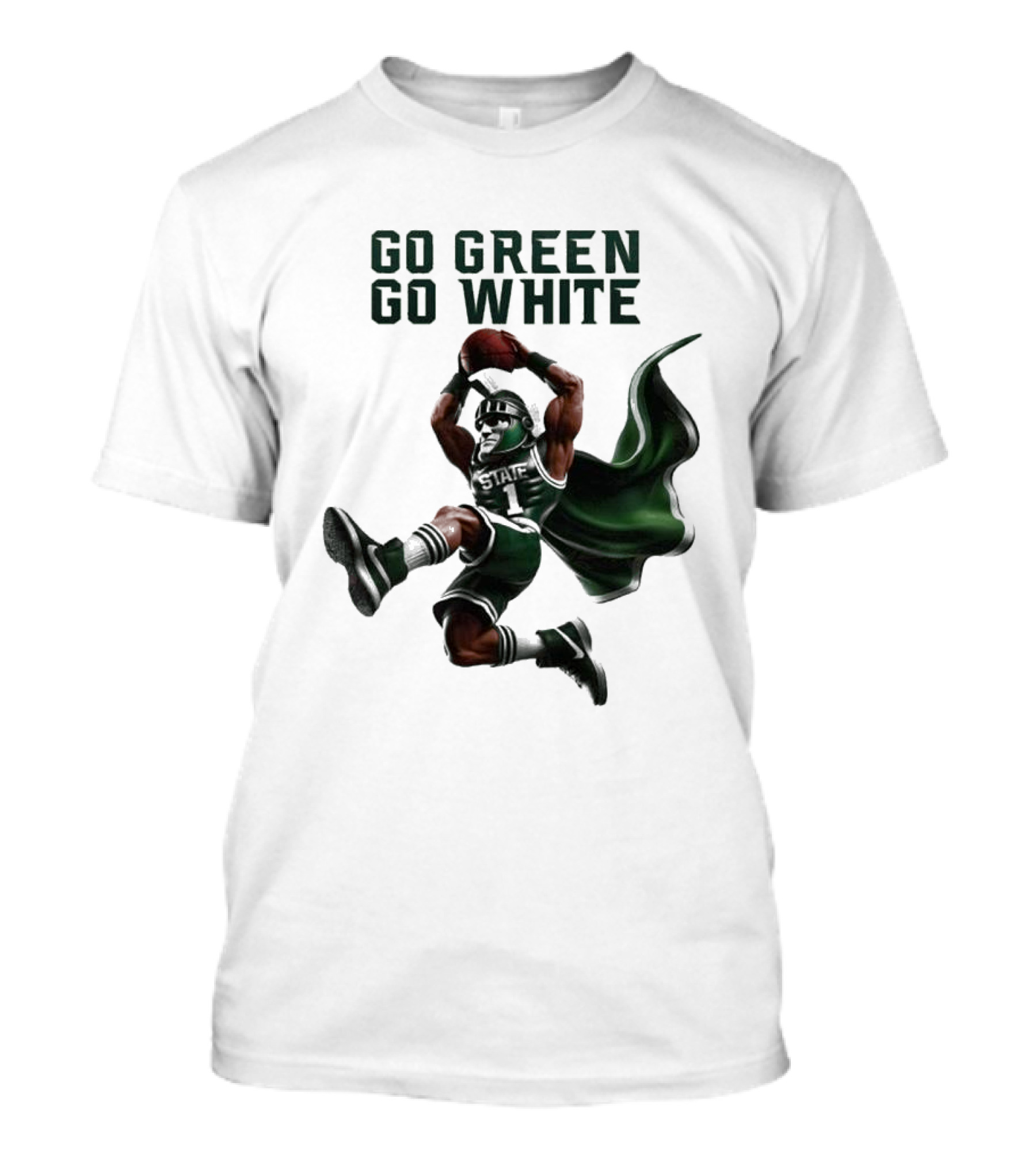 NCAA Michigan State Spartans Go Green Go White 2025 Mascot Dunking Basketball Player T-Shirt