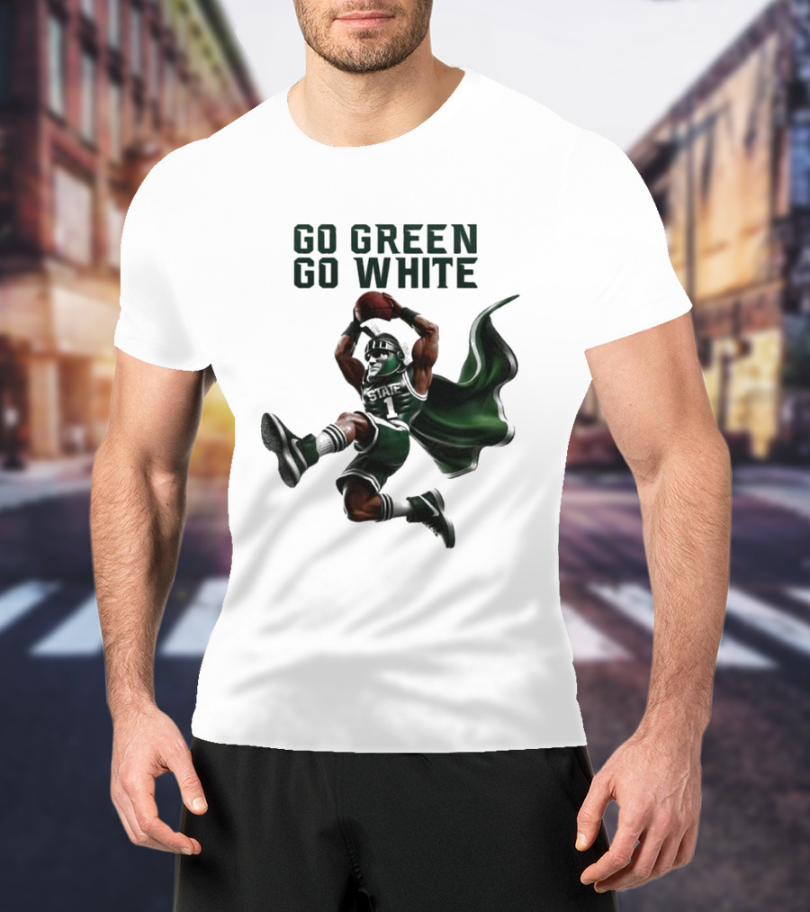 NCAA Michigan State Spartans Go Green Go White 2025 Mascot Dunking Basketball Player T-Shirt