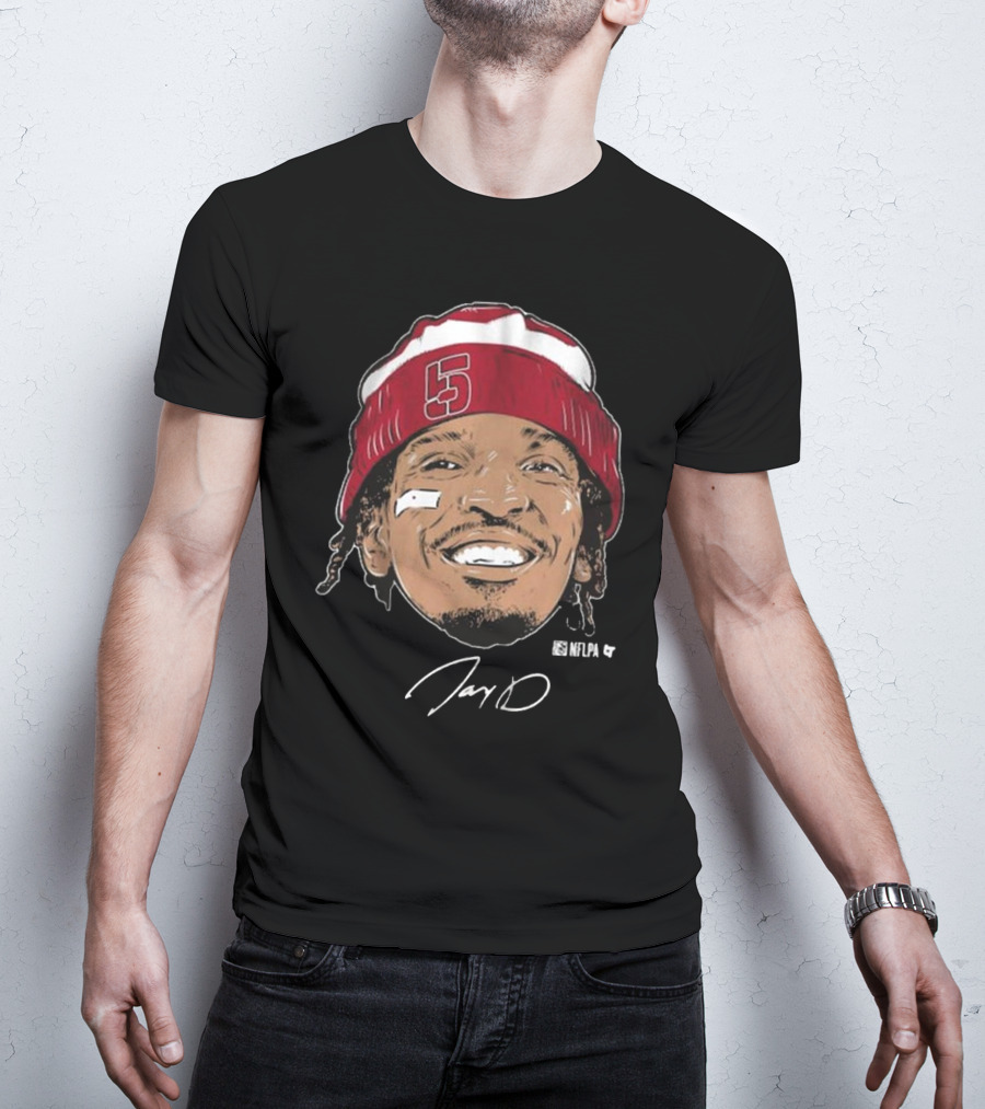Jayden Daniels Face Bandage Signature NFLPA Number 5 Beanie T-Shirt