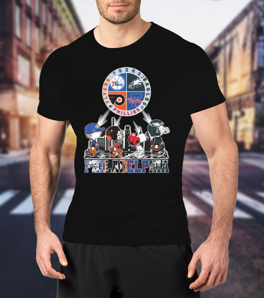 Peanuts Characters In Philadelphia Flyers 76ers Eagles Phillies Sports Mashup T-Shirt