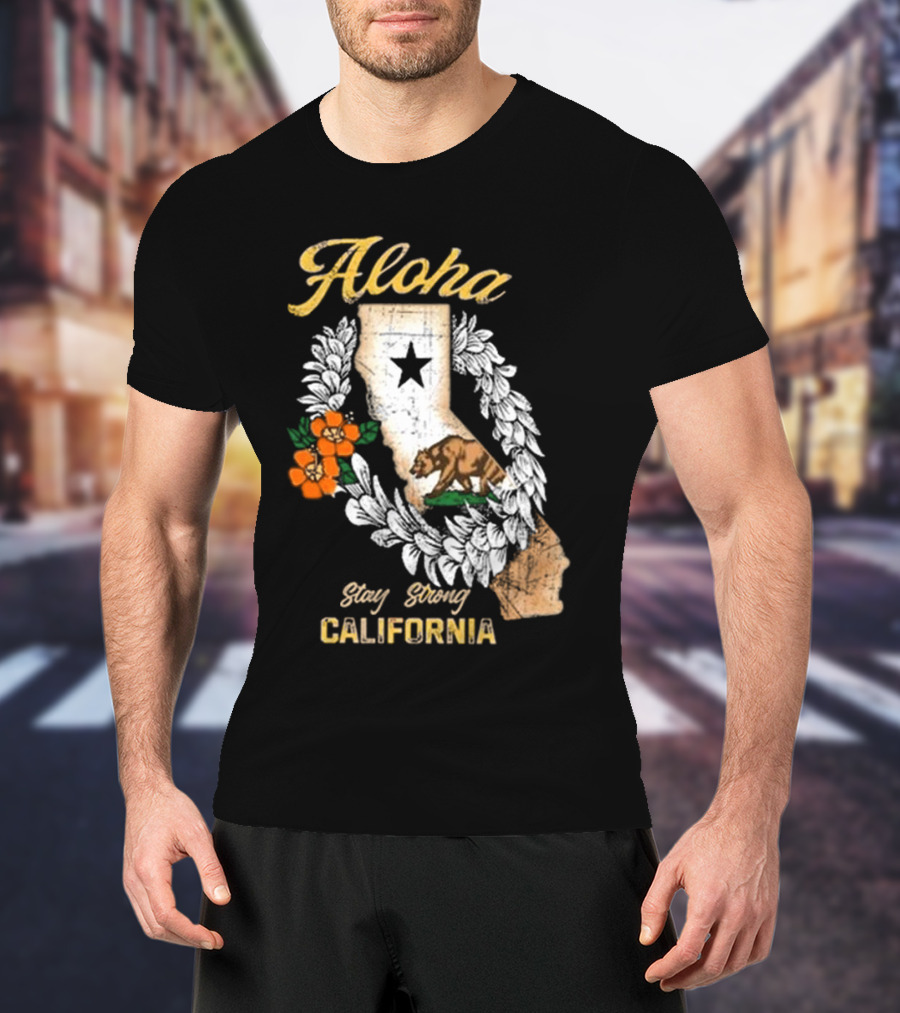 Aloha Stay Strong California Bear Star Map And Flower Garland T-Shirt
