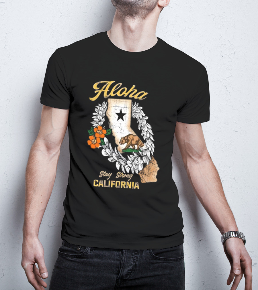 Aloha Stay Strong California Bear Star Map And Flower Garland T-Shirt