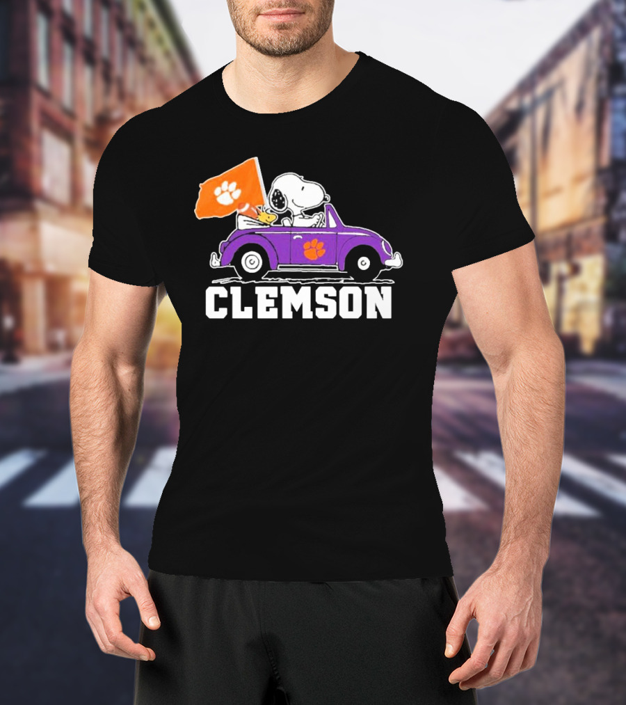 Peanuts Snoopy Woodstock Driving Purple Car With Clemson Tigers Flag CFP T-Shirt