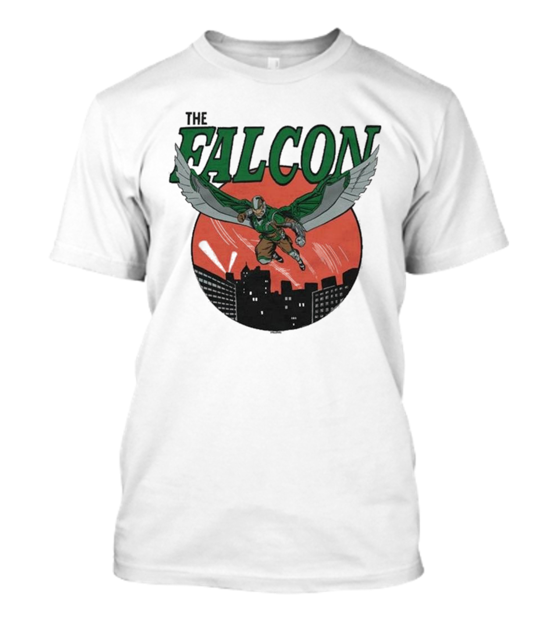 The Falcon Soaring Over City Skyline In Action-Packed Comic T-Shirt