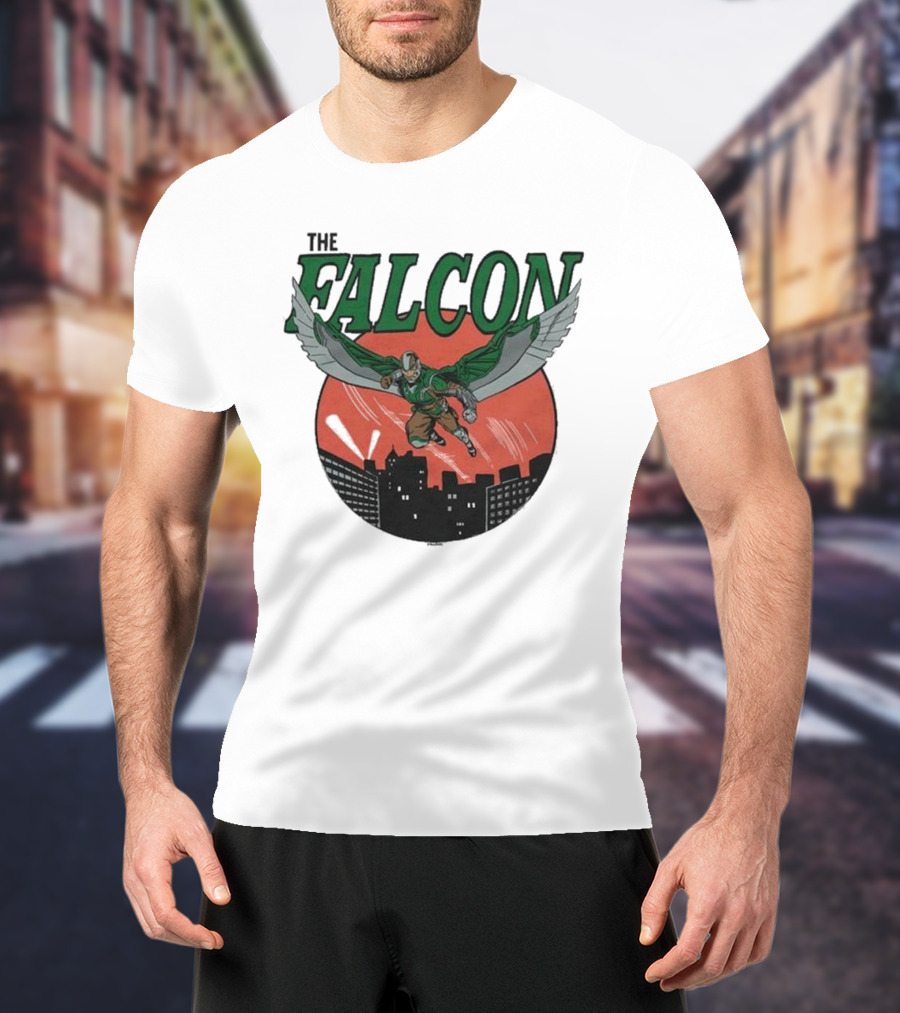 The Falcon Soaring Over City Skyline In Action-Packed Comic T-Shirt