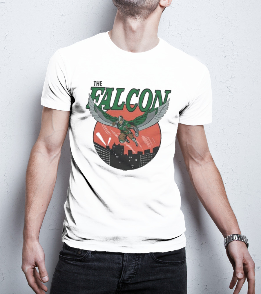 The Falcon Soaring Over City Skyline In Action-Packed Comic T-Shirt