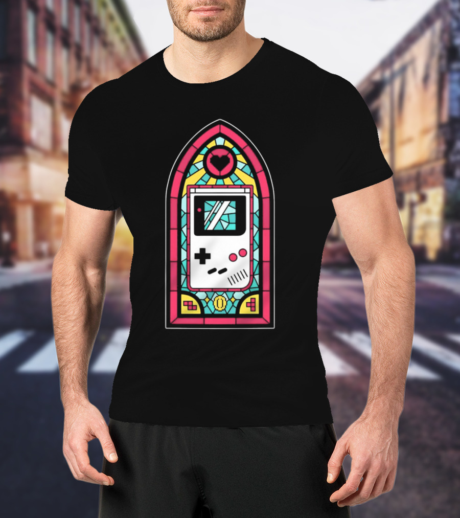 Game Boy 8-Bit Stained Glass Heart Coin Pixel Art Window T-Shirt