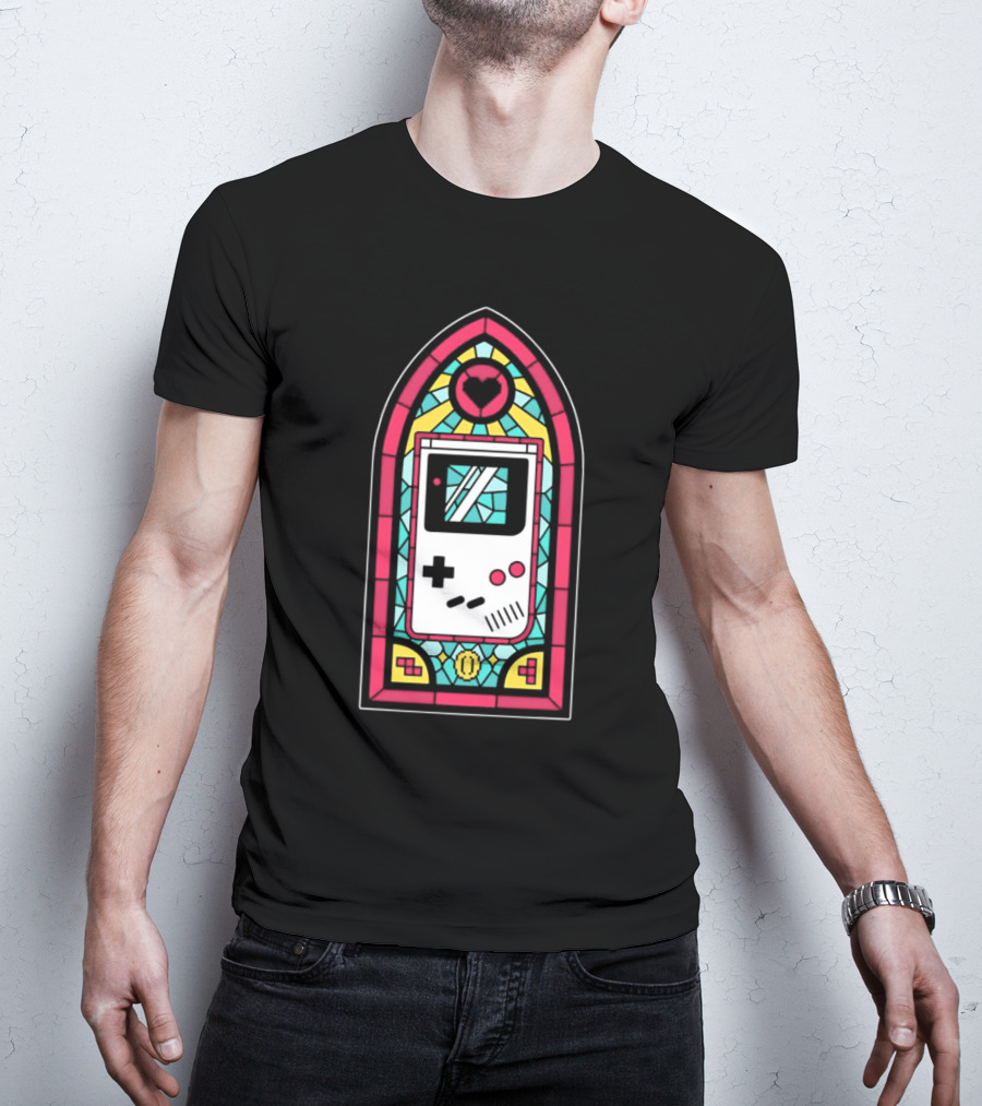 Game Boy 8-Bit Stained Glass Heart Coin Pixel Art Window T-Shirt
