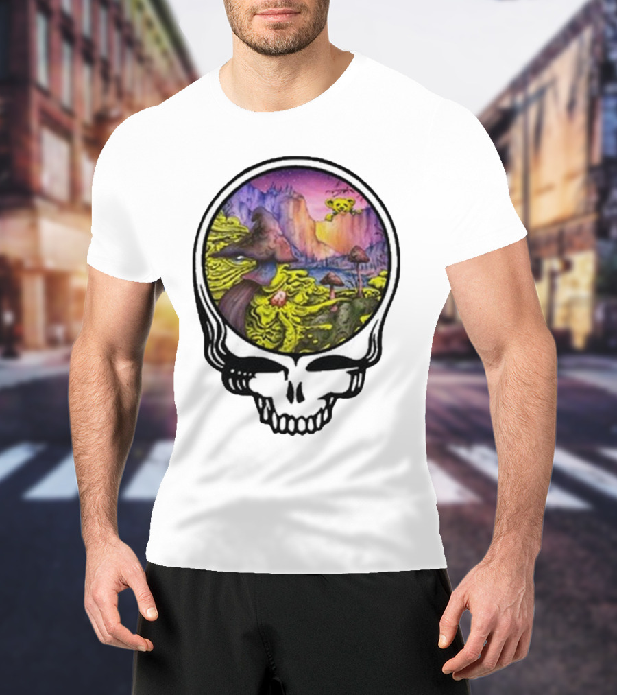 Grateful Dead Skull With Psychedelic Landscape And Mushrooms T-Shirt