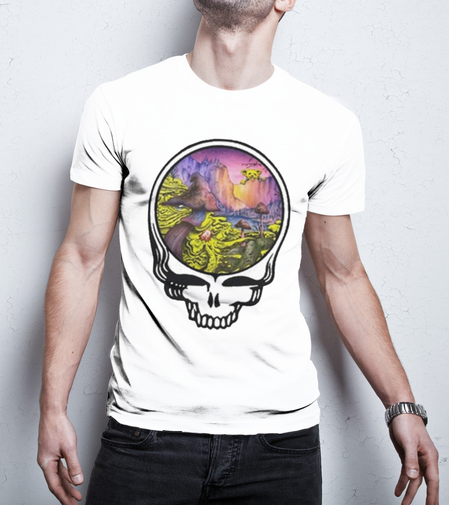 Grateful Dead Skull With Psychedelic Landscape And Mushrooms T-Shirt