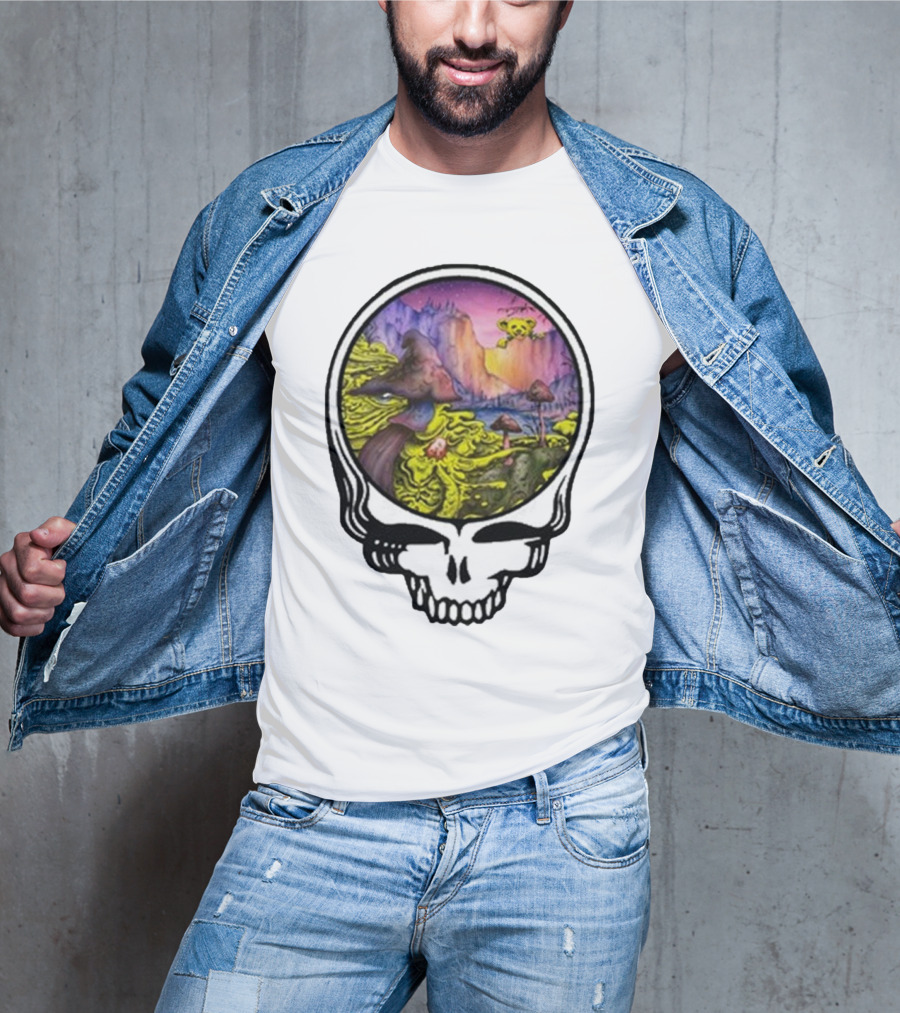 Grateful Dead Skull With Psychedelic Landscape And Mushrooms T-Shirt