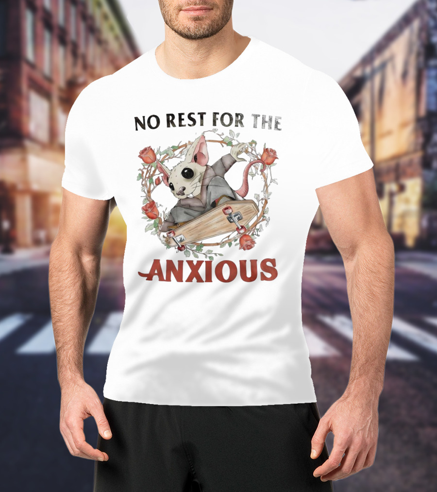 No Rest For The Anxious Rat In A Suit With Roses And Skateboard Coffin T-Shirt