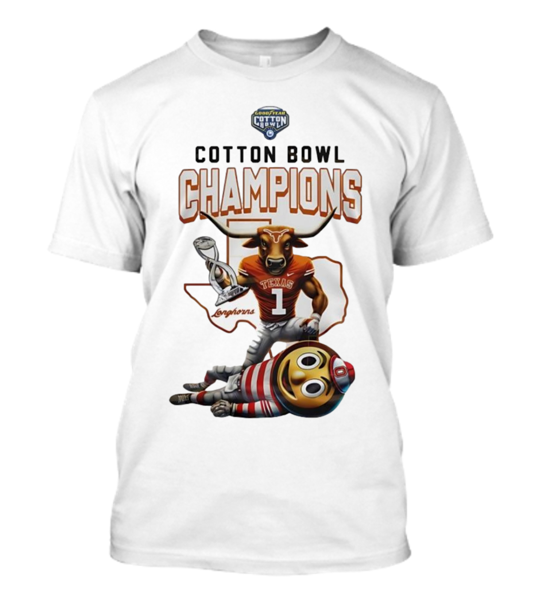 Goodyear Cotton Bowl Champions Texas Longhorns Mascot Trophy Victory T-Shirt