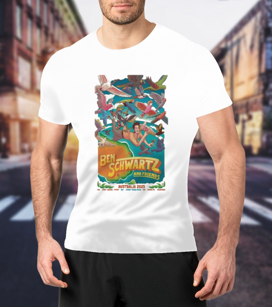 Ben Schwartz And Friends Australia 2025 Tour Birds Flying Surrounding Cartoon Character T-Shirt