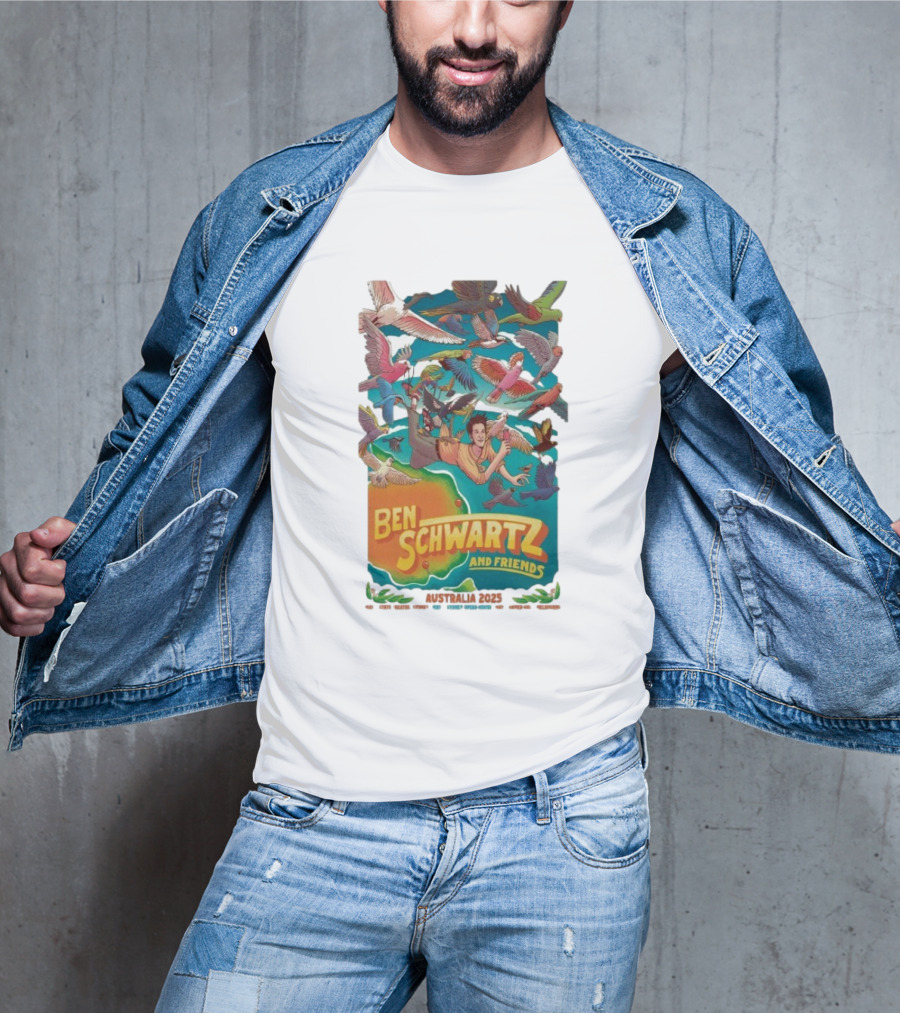 Ben Schwartz And Friends Australia 2025 Tour Birds Flying Surrounding Cartoon Character T-Shirt
