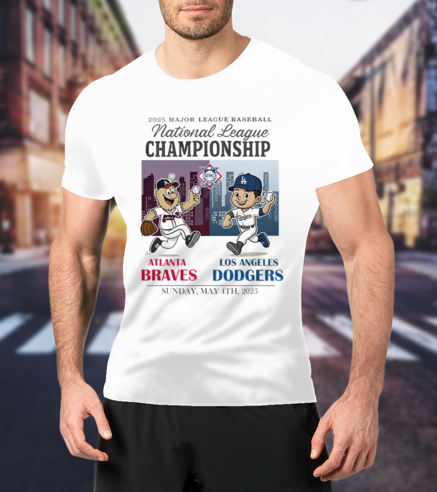 Atlanta Braves Los Angeles Dodgers National League 2025 Major League Baseball Skyline Cartoon Characters T-Shirt