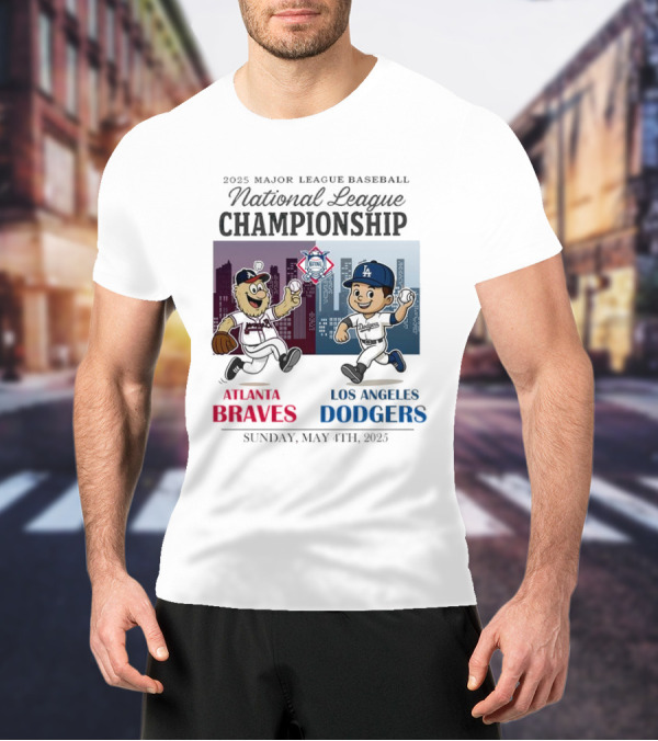 Atlanta Braves Los Angeles Dodgers National League 2025 Major League Baseball Skyline Cartoon Characters T-Shirt