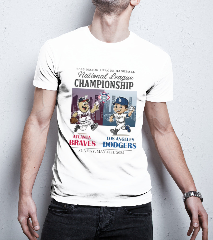 Atlanta Braves Los Angeles Dodgers National League 2025 Major League Baseball Skyline Cartoon Characters T-Shirt