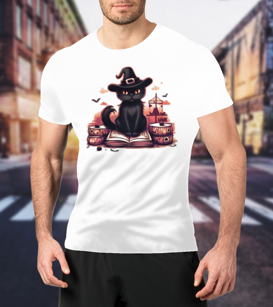 Cat Magic Halloween Witch Hat Pumpkins And Spellbook T-Shirt